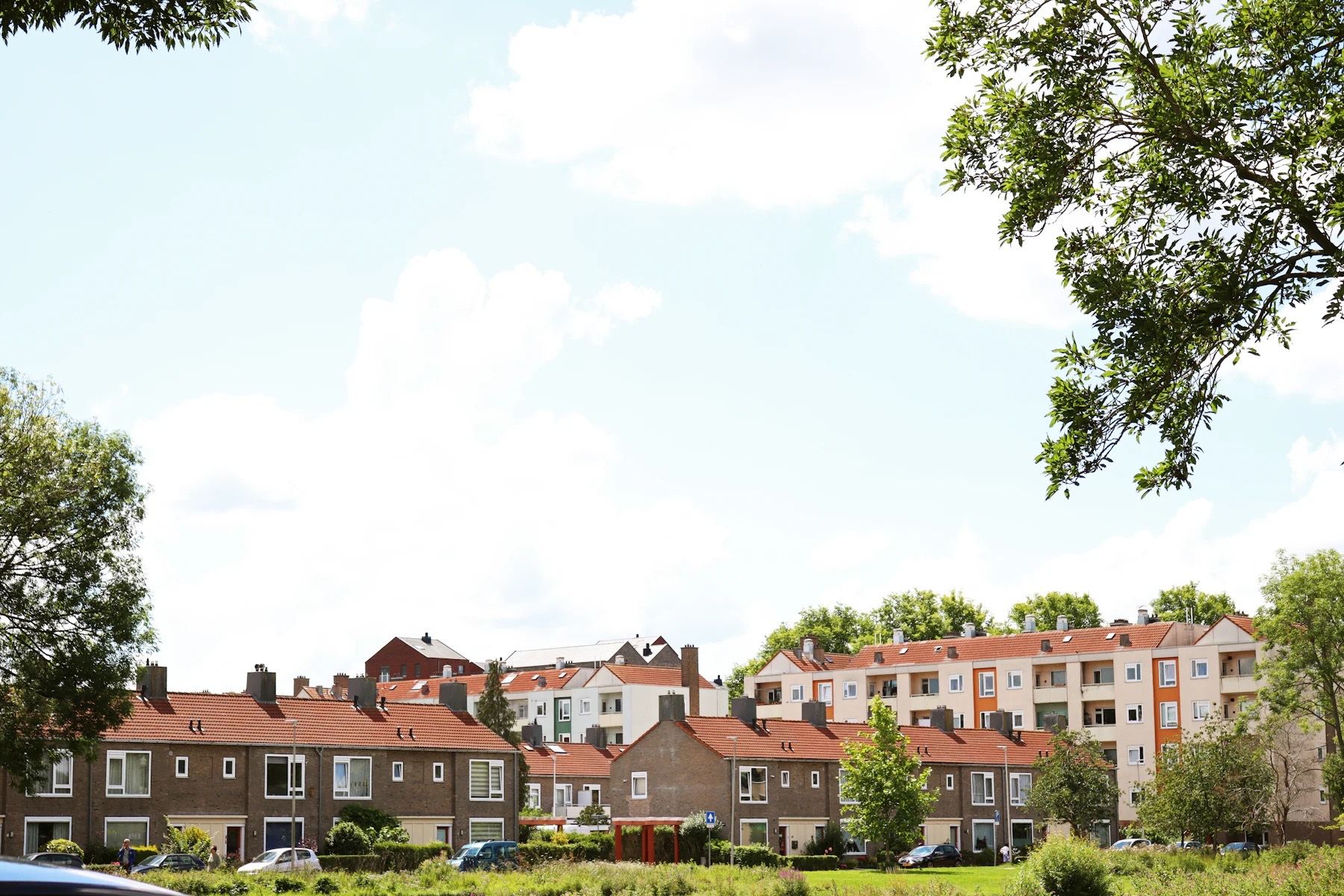 Woonwijk met rijtjeshuizen aan de rand van een weiland
